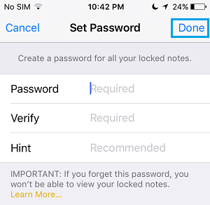 set password for notes iphone