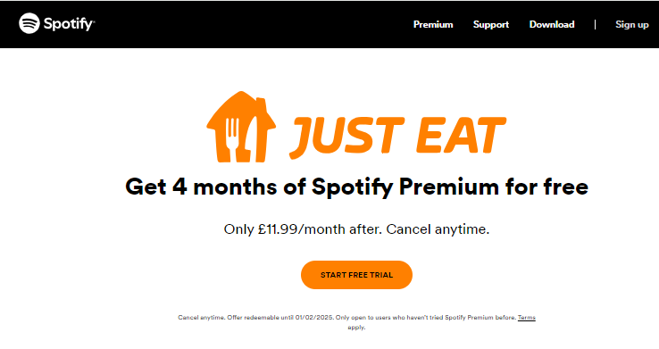 get Spotify Premium for free on Just Eat