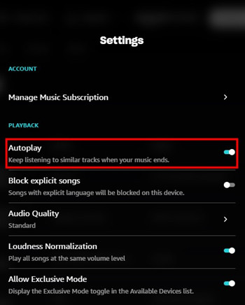 turn on Amazon Music Autoplay