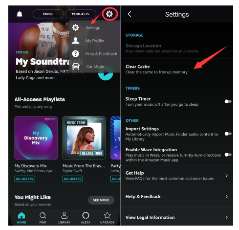 clear cache on Amazon Music app