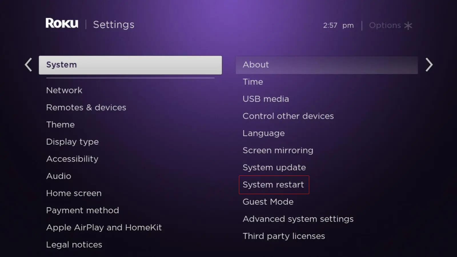 Roku TV system restart