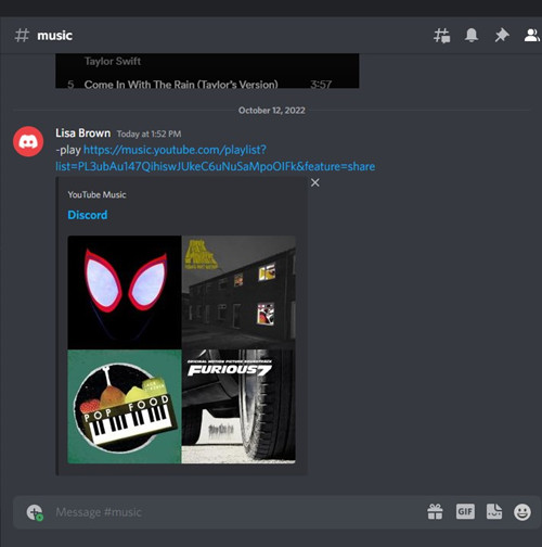 paste music link on Discord