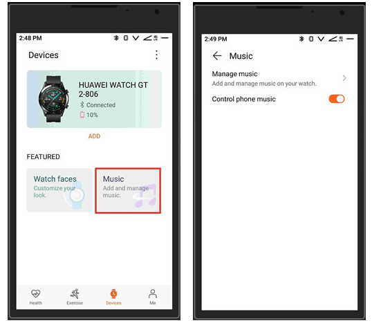 control music on Huawei Wtach app