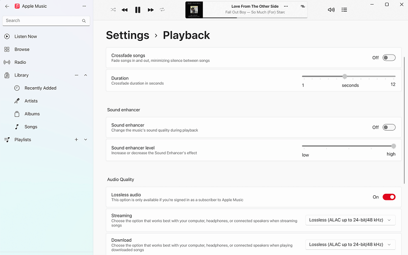 apple music windows app settings