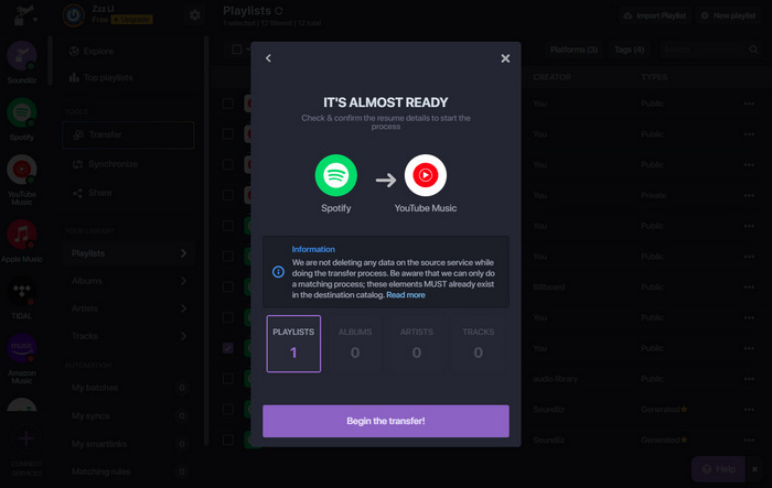 transfer Spotify to YouTube Music via Soundiiz