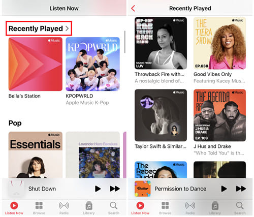 recently played apple music on app