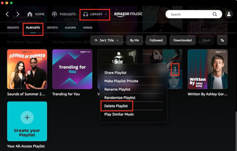 delete amazon music playlist from library