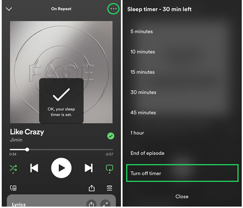 turn off Sleep Timer on Spotify