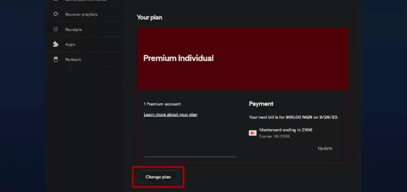 Spotify Premium plan in website